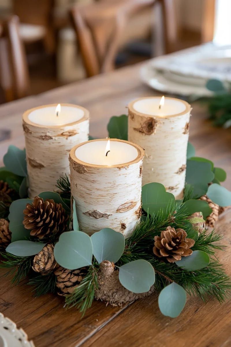 birch bark candle holders surrounded by eucalyptus and cedar 1