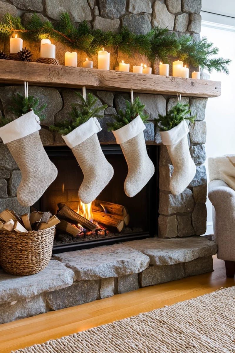 natural linen stockings with pine sprigs hanging from fireplace 1