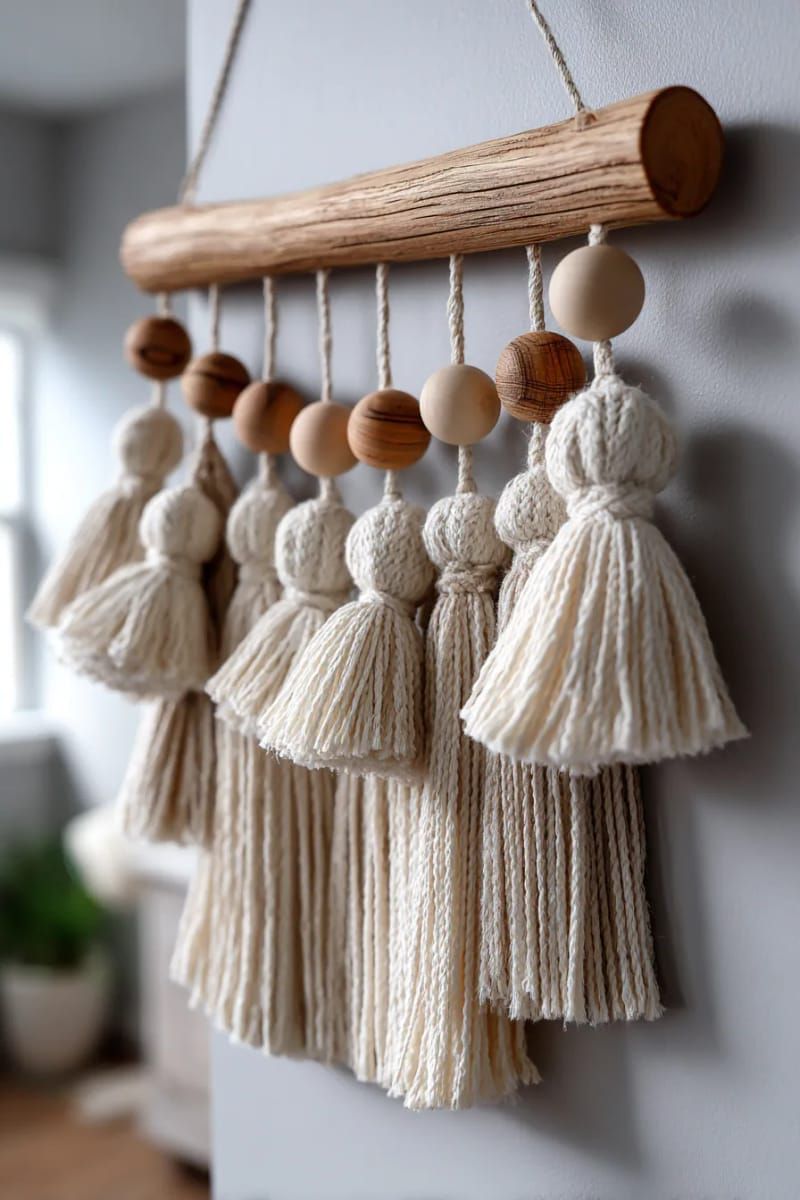 modern boho wall hanging with tassels and wooden beads 1