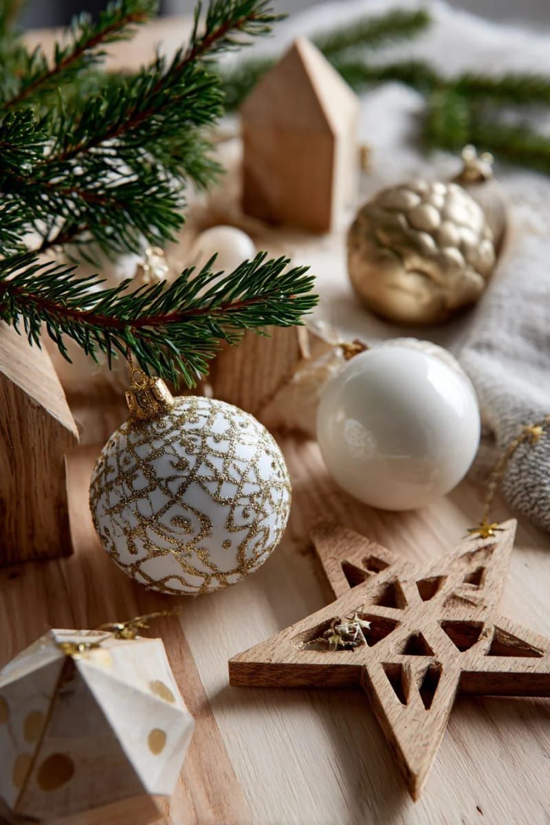 subtle gold and ivory baubles paired with wooden ornaments 1