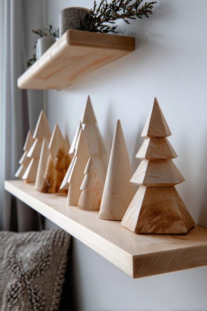scandinavian wooden tree figurines on a floating shelf 1