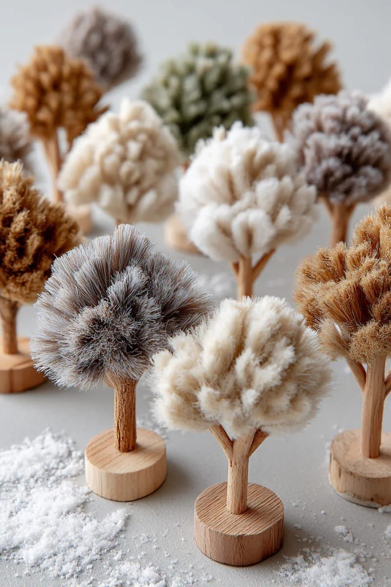 tiny bottle brush trees in oatmeal and taupe shades 1