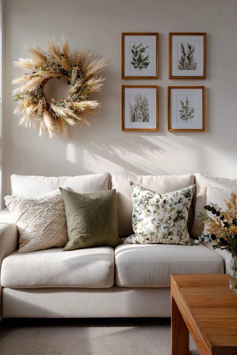 gallery wall of framed botanical prints and neutral wreath 1