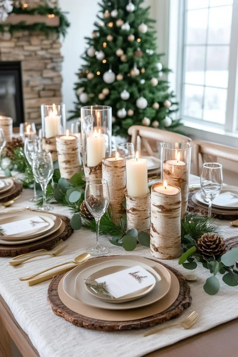 birch bark candle holders surrounded by eucalyptus and cedar 1