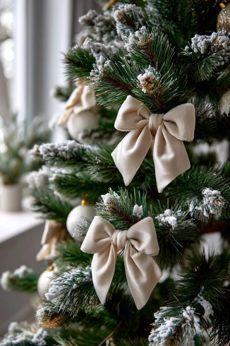 soft beige velvet ribbon bows on snowy pine christmas tree 1