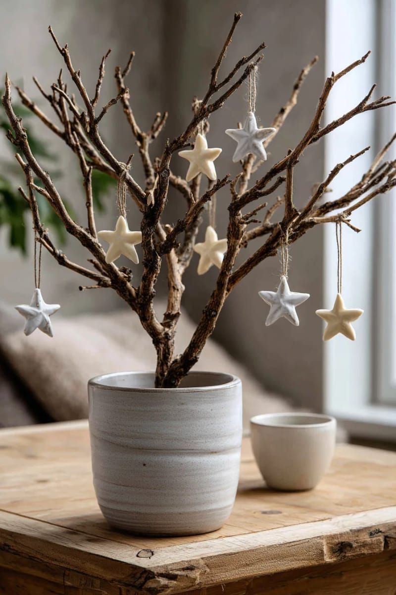 tabletop bare branch tree with clay star ornaments 1
