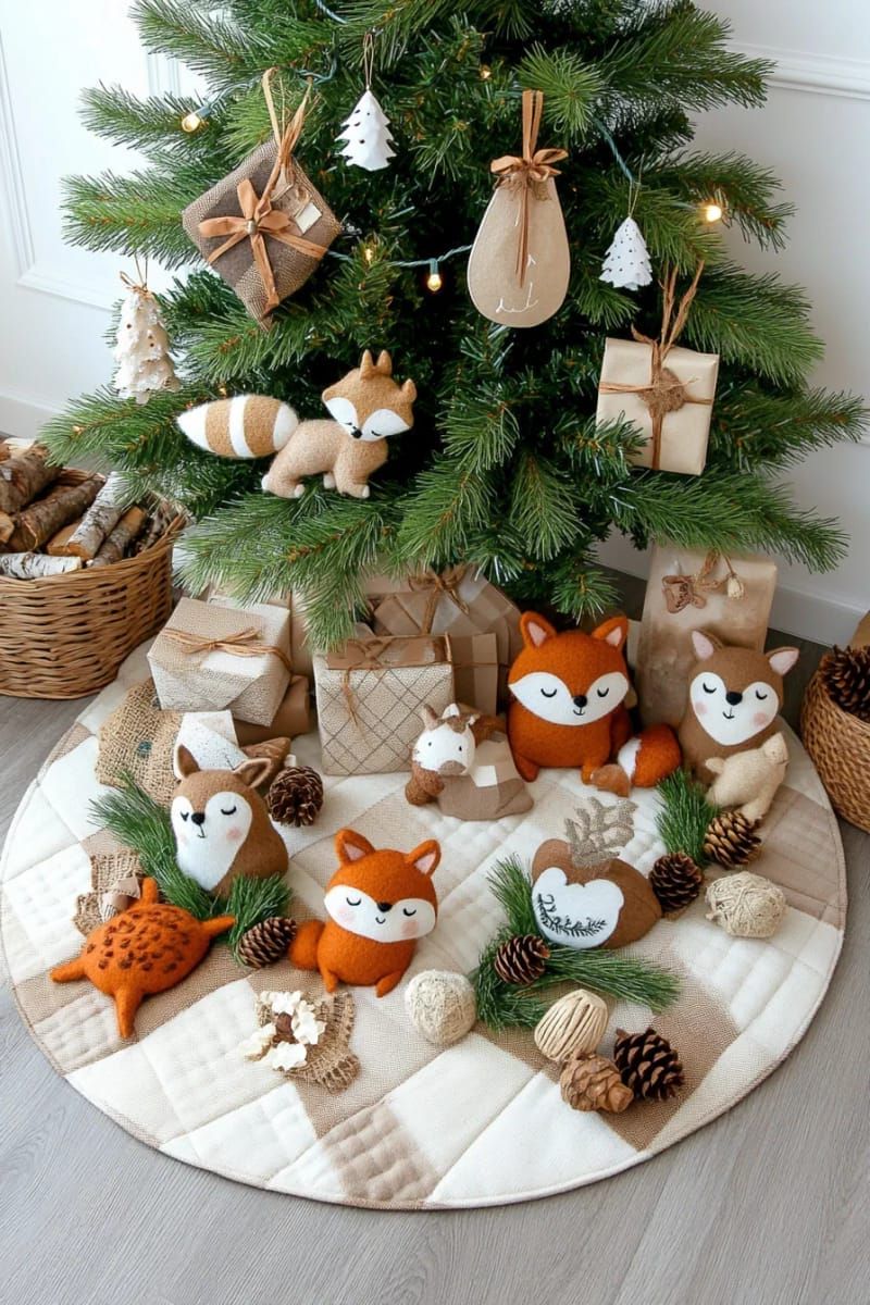 neutral plaid tree skirt with handmade felt woodland animals 1