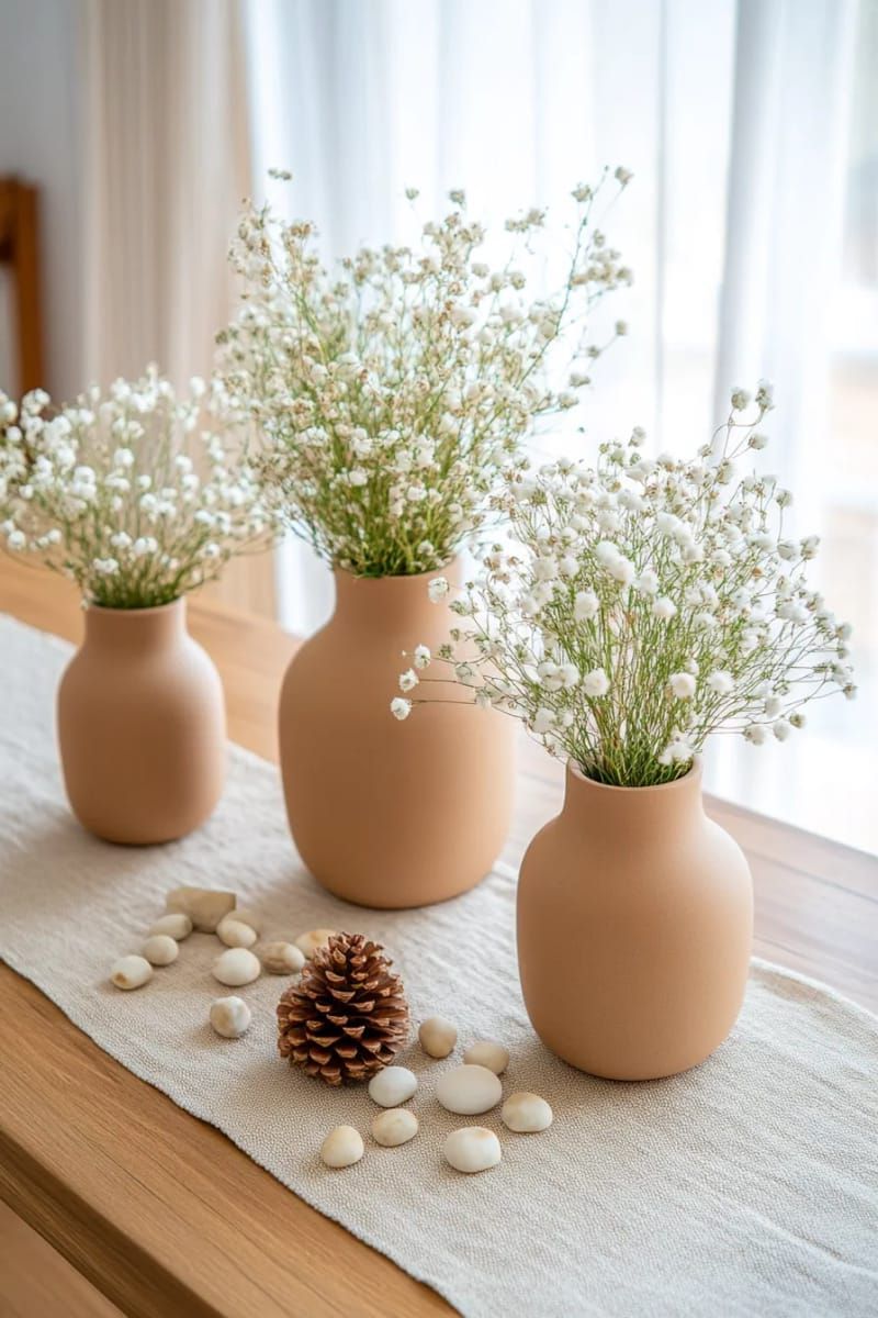 matte stoneware vases of dried baby's breath and pine 1
