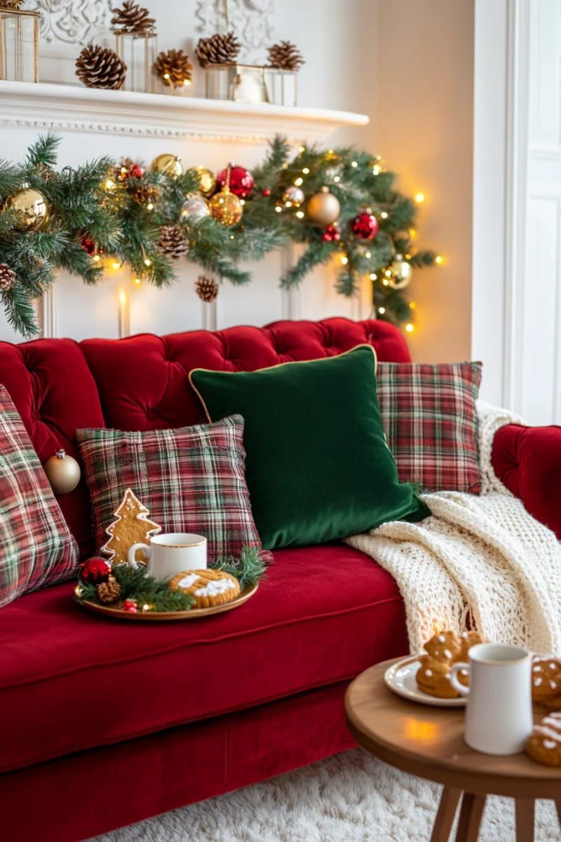 velvet and plaid pillows paired with lush garland for a cozy sofa setting 1