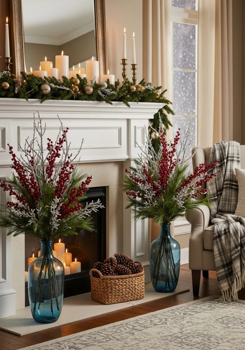 red berry branches arranged in tall vases flanking the fireplace 1