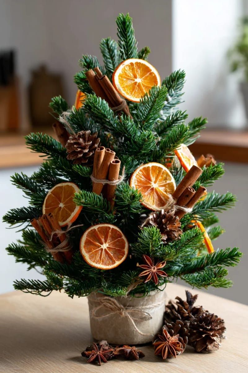 tiny tabletop tree decorated with cinnamon sticks and dried orange slices 1