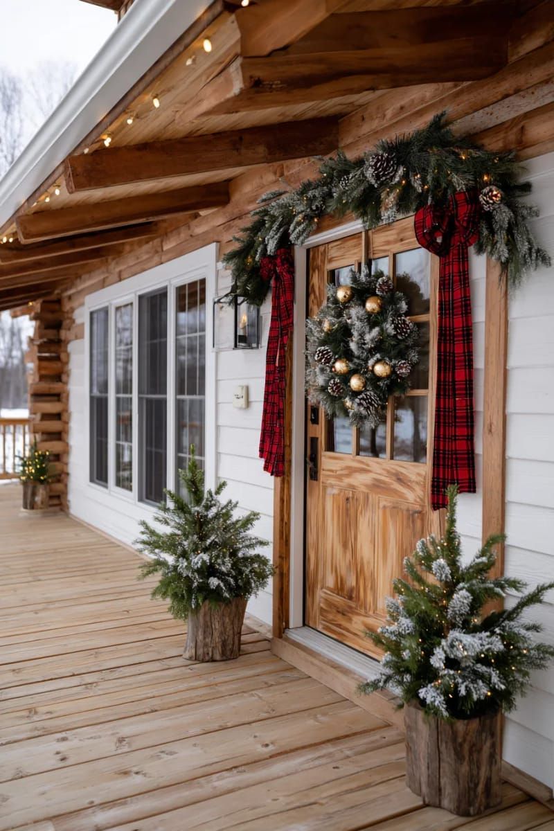 oversized tartan wreath with gold baubles and dramatic red ribbon 1