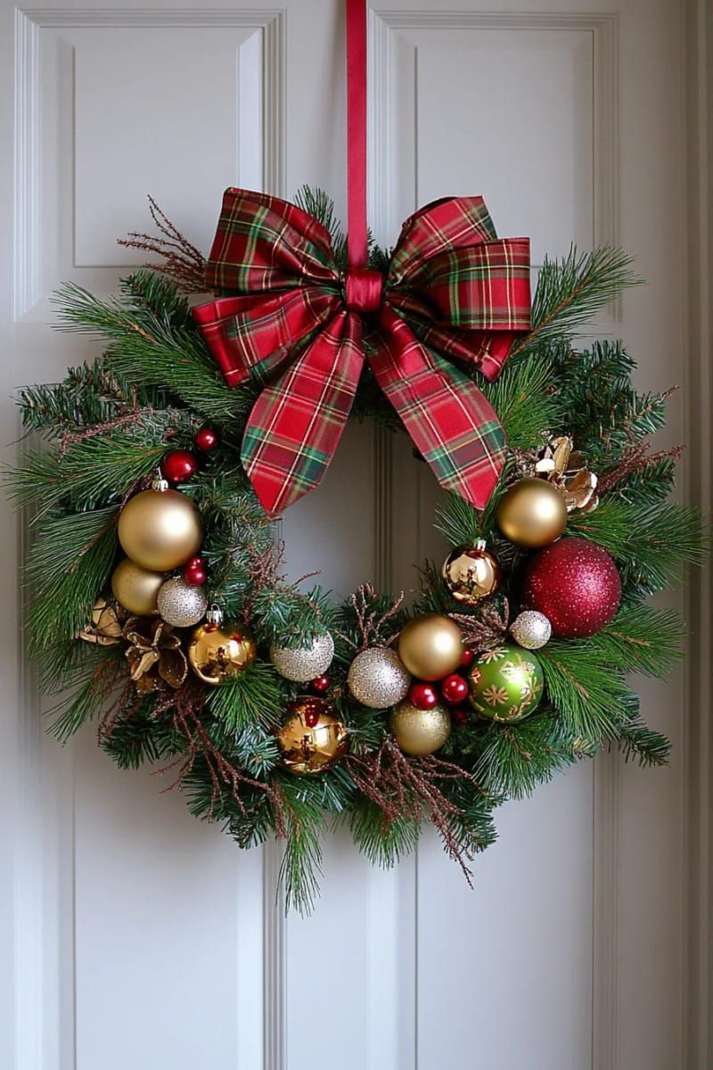 oversized tartan wreath with gold baubles and dramatic red ribbon 1