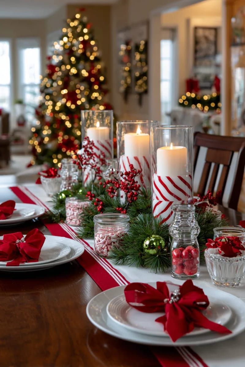 candy cane striped candles scattered among lush pine garlands 1