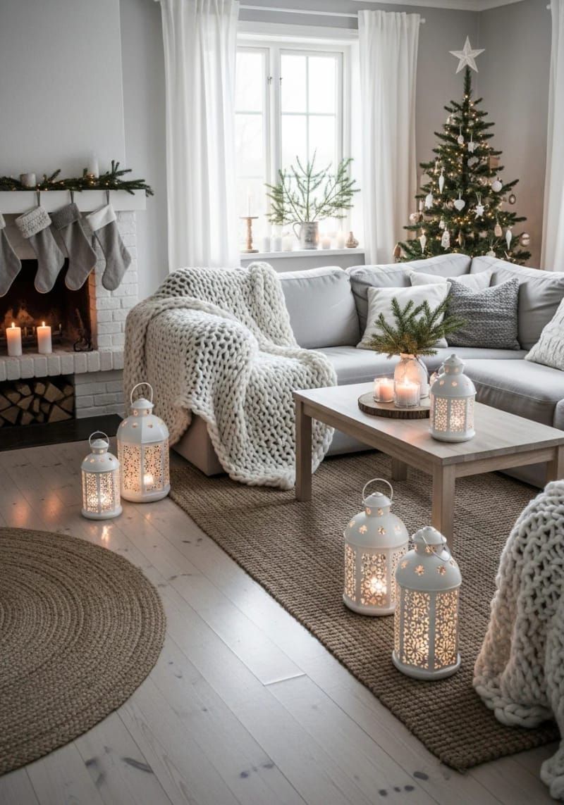scandinavian-style living room with chunky knit throws and white lanterns 1