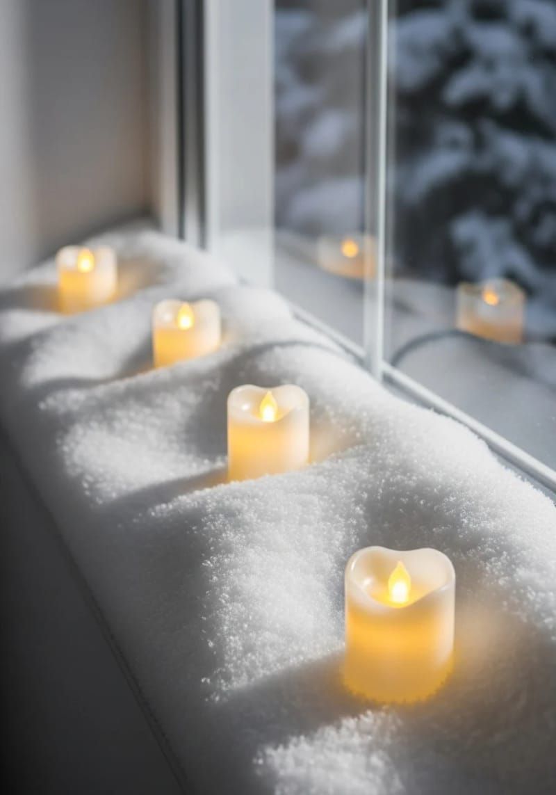 fluffy faux snow sprinkled along windowsills with tiny led candles 1