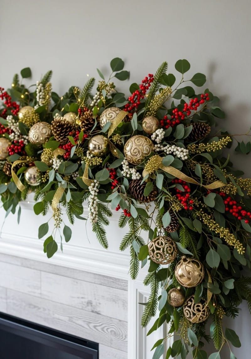 mantel layered with eucalyptus, berries, and shimmering gold accents 1