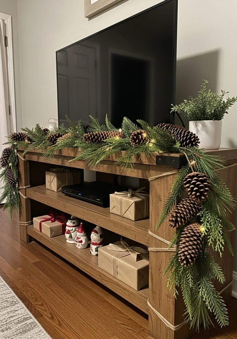 pinecone-and-greenery garland wrapped around the tv stand for rustic charm 1