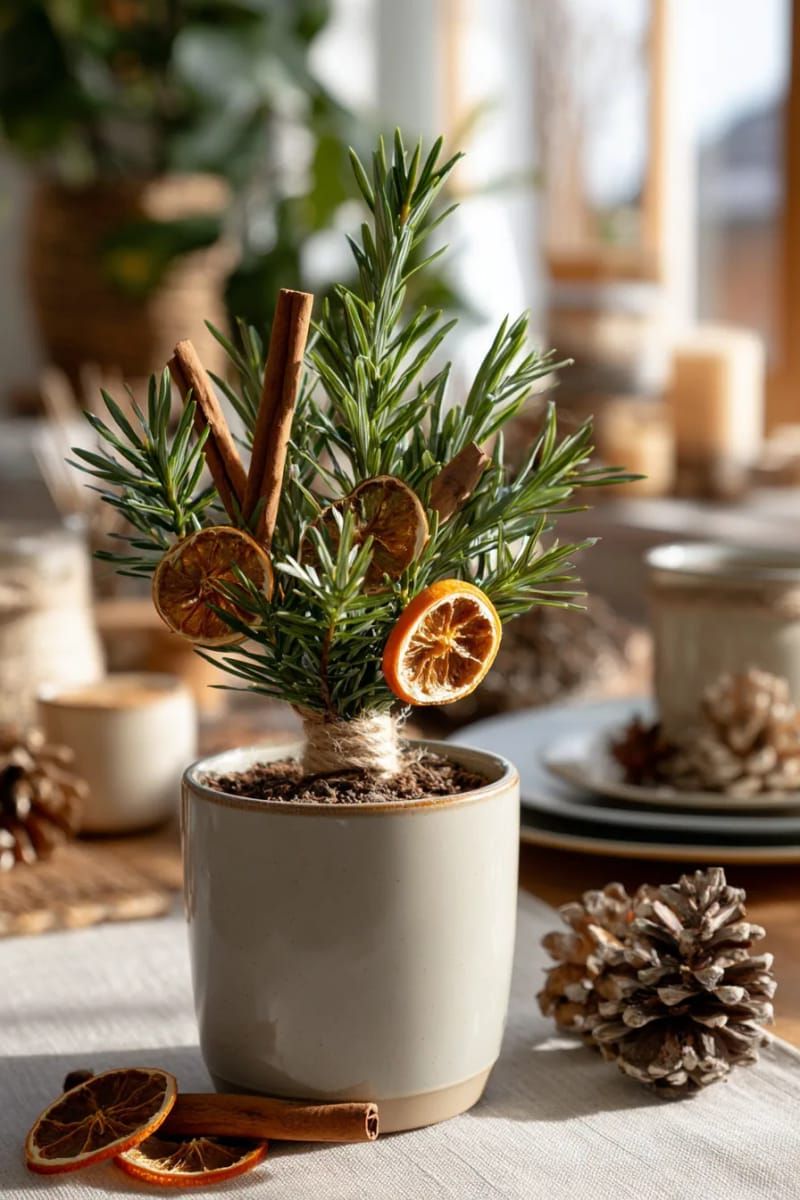 tiny tabletop tree decorated with cinnamon sticks and dried orange slices 1