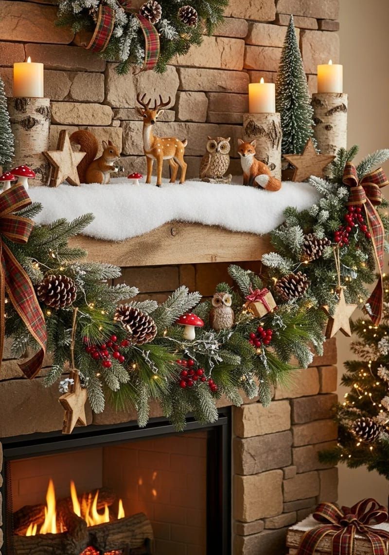 woodland animal figurines peeking out from snowy mantel garland 1