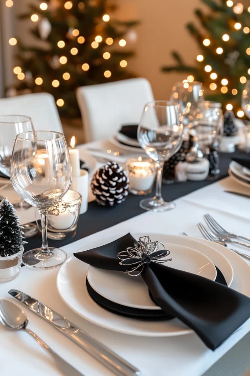 black-and-white theme using monochrome plates and ribbon-wrapped stems 1