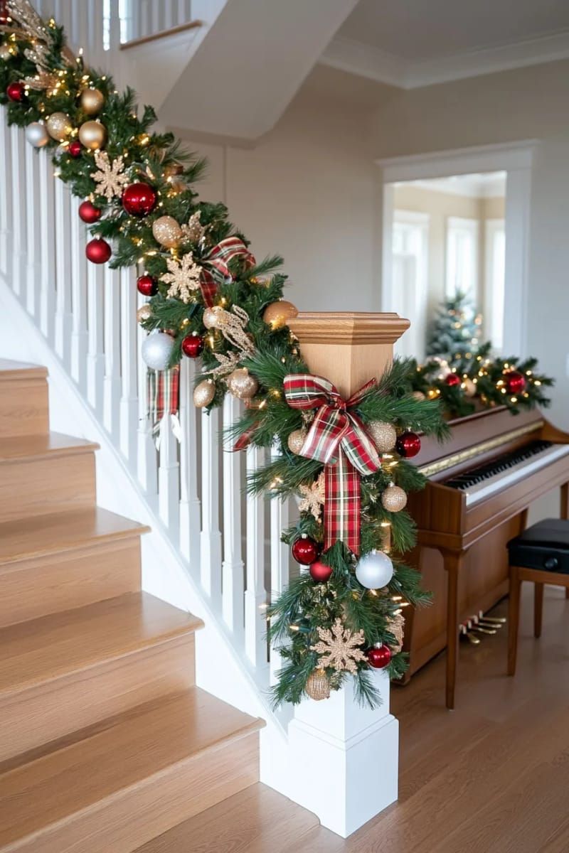 fresh greenery garland draped along the staircase banister with plaid bows 1