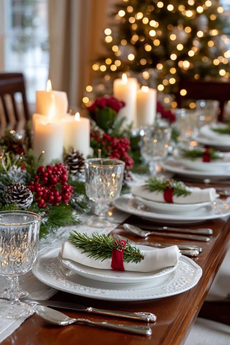 elegant dinner plates topped with mini rosemary christmas tree sprigs 1