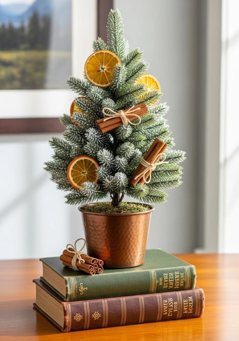 tiny tabletop tree decorated with cinnamon sticks and dried orange slices 1
