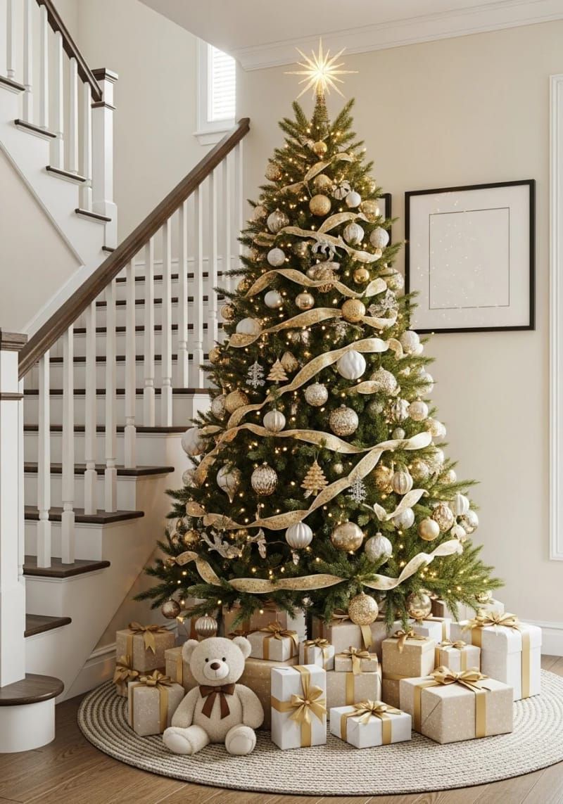 gold-dipped pinecones and ornaments on a classic evergreen christmas tree 1
