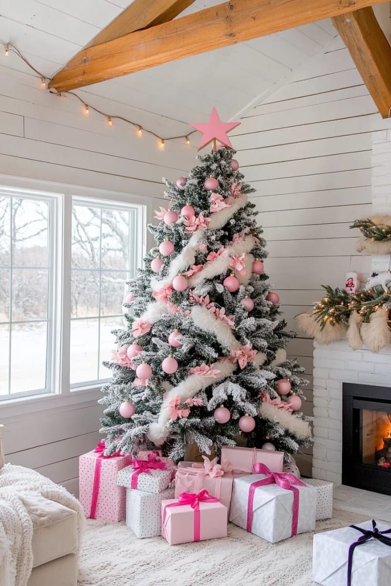 jet black christmas tree adorned with blush pink ornaments and gifts 1