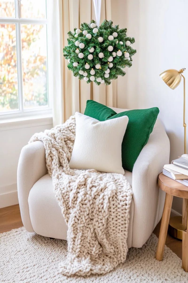hanging mistletoe ball over a cozy reading nook with plush cushions 1