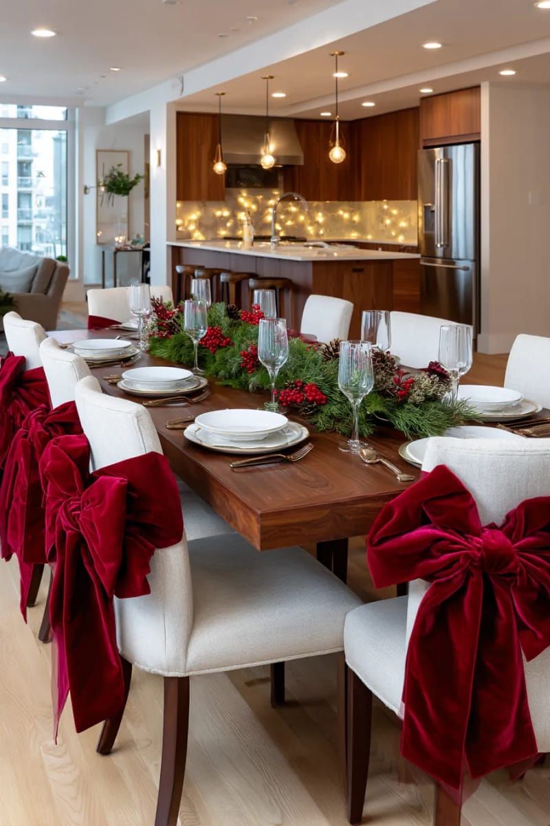 red velvet bows tied on every dining chair for festive flair 1