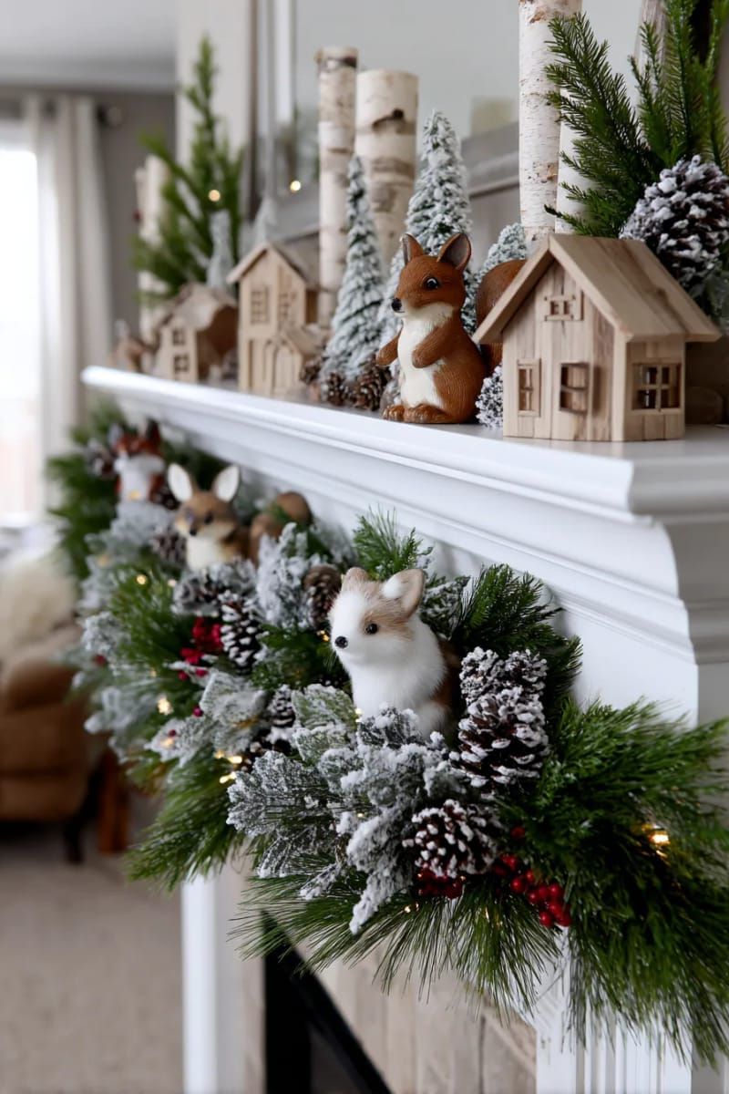 woodland animal figurines peeking out from snowy mantel garland 1