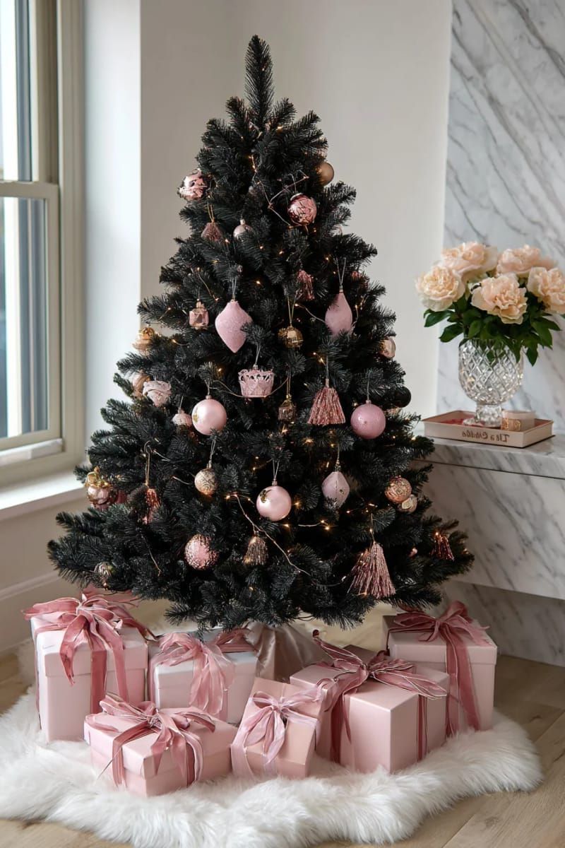 jet black christmas tree adorned with blush pink ornaments and gifts 1