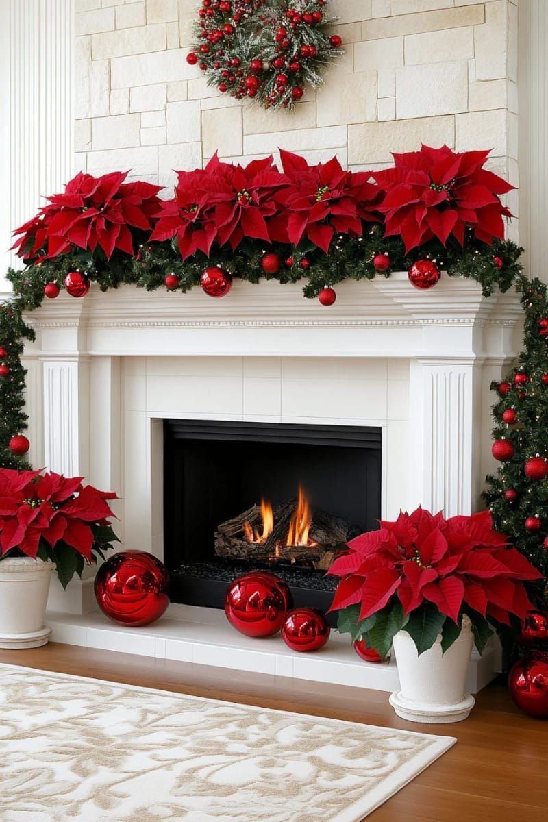 vibrant red poinsettias lining the fireplace hearth in dramatic clusters 1
