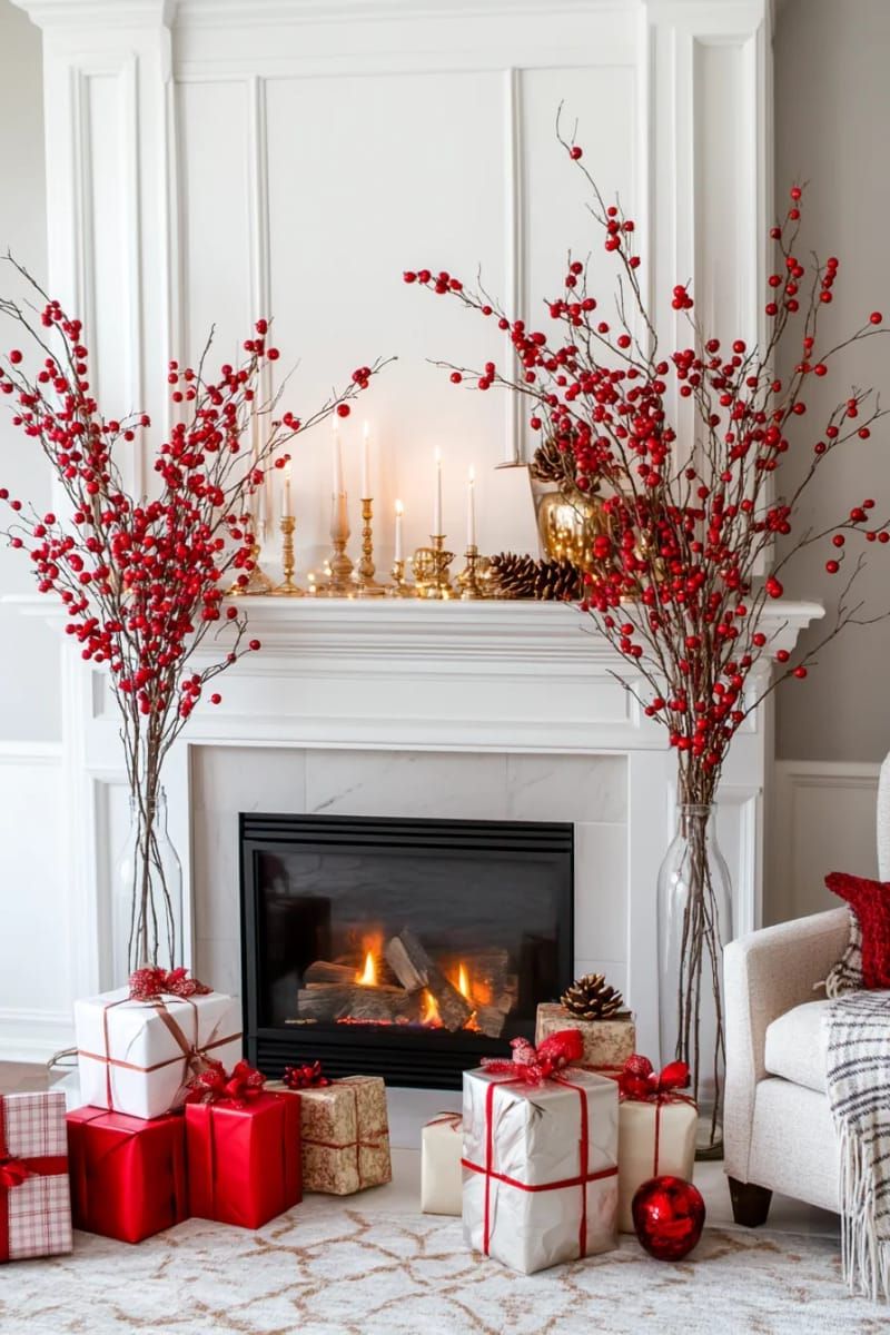 red berry branches arranged in tall vases flanking the fireplace 1
