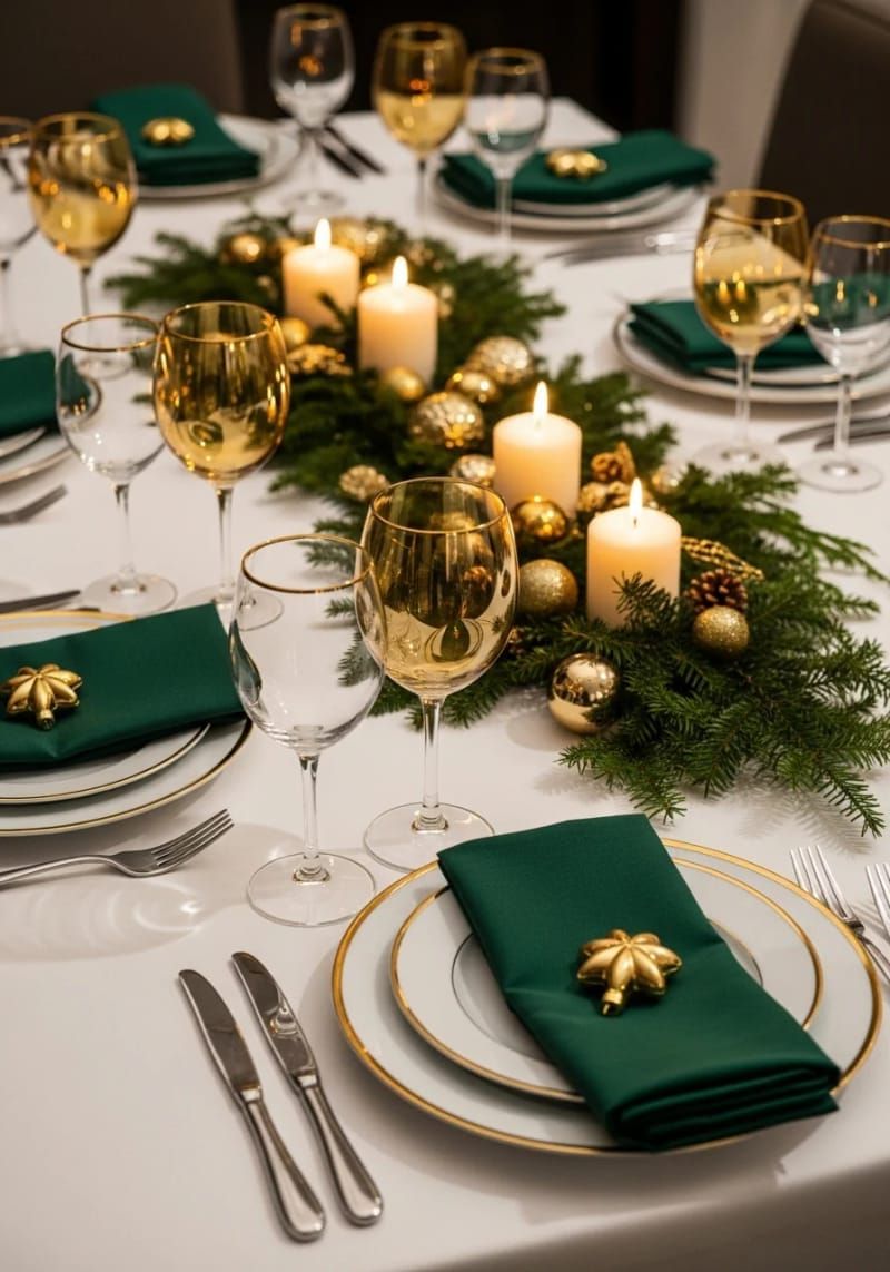 elegant gold-rimmed glassware and forest green napkins on the holiday table 1