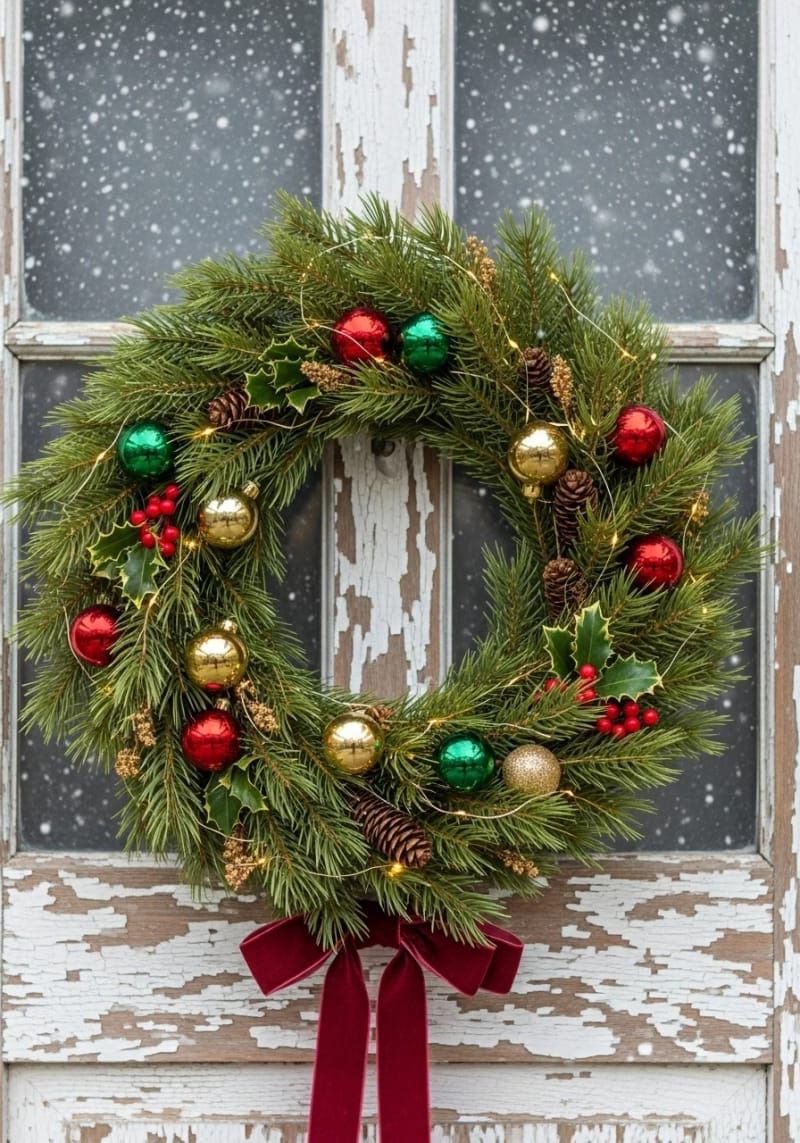 pine branch wreath with miniature ornaments and soft fairy lights 1
