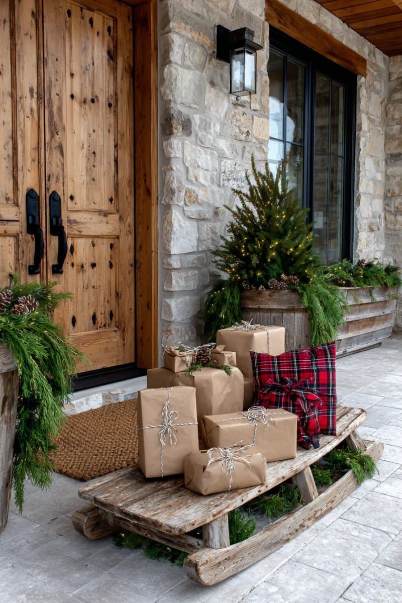 rustic wooden sled propped by the entryway with wrapped faux gifts 1