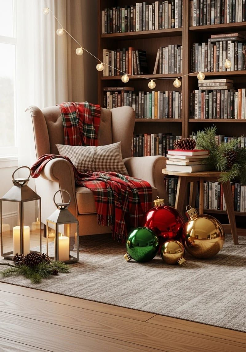 cozy reading corner with tartan blanket, lanterns, and oversized ornaments 1