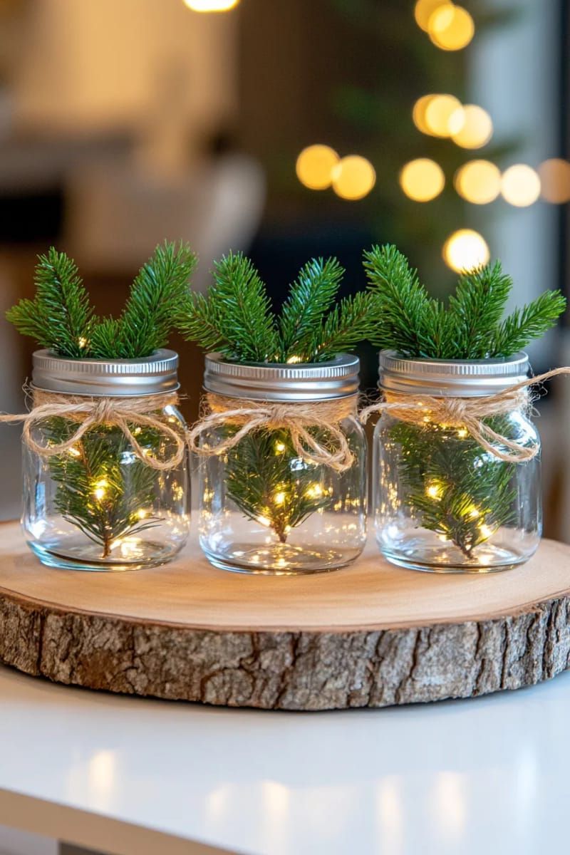 illuminated glass jars filled with pine sprigs and fairy lights 1