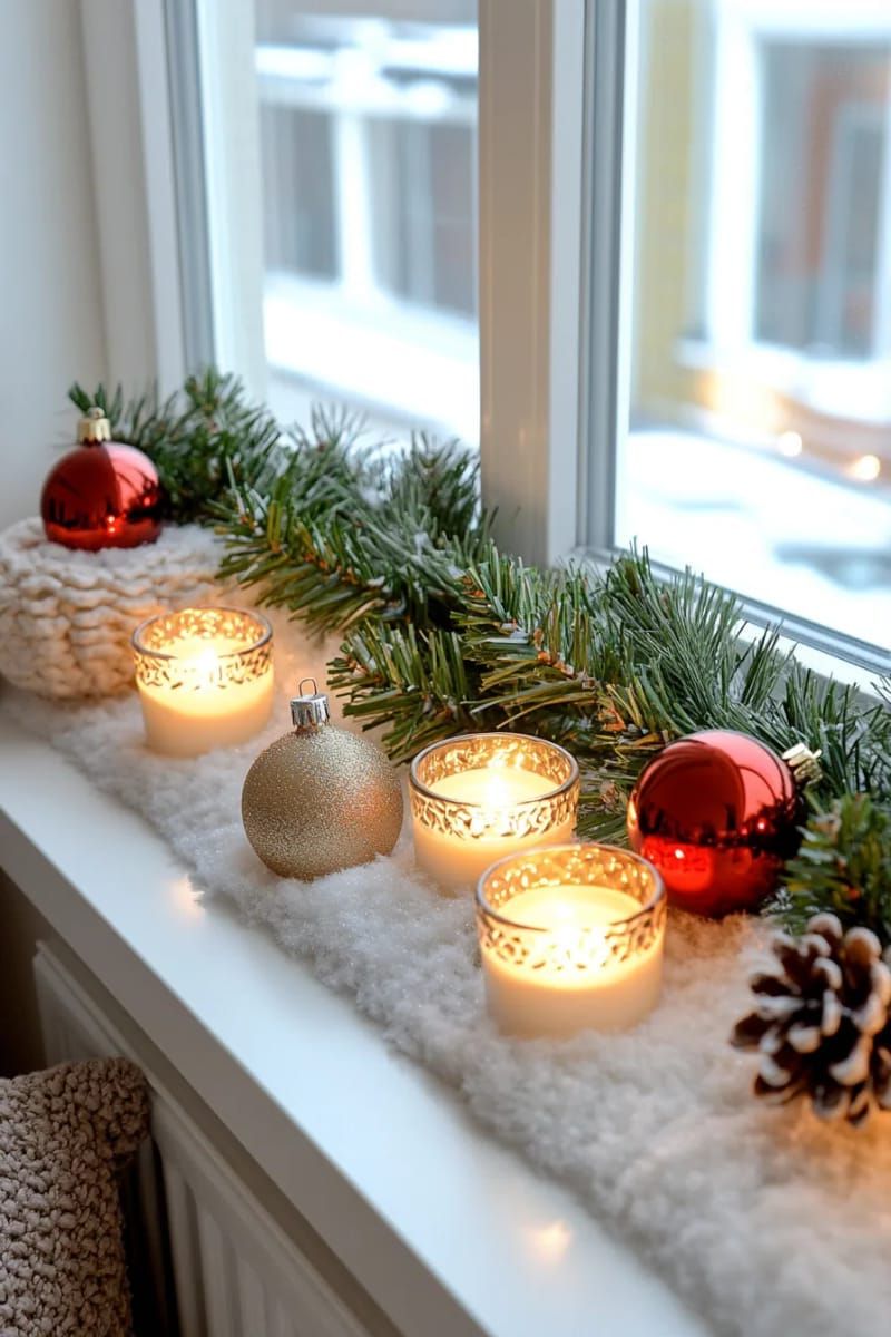 fluffy faux snow sprinkled along windowsills with tiny led candles 1