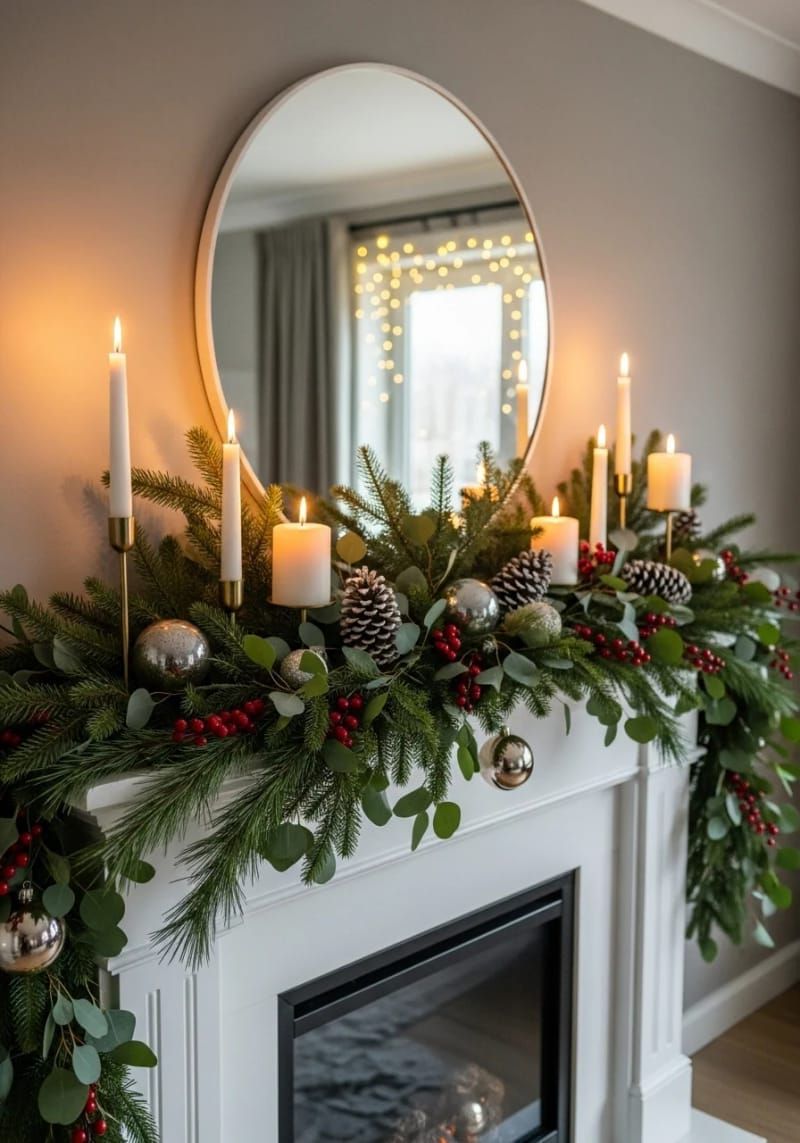 modern mantel with layered greenery, berries, and pillar candles 1