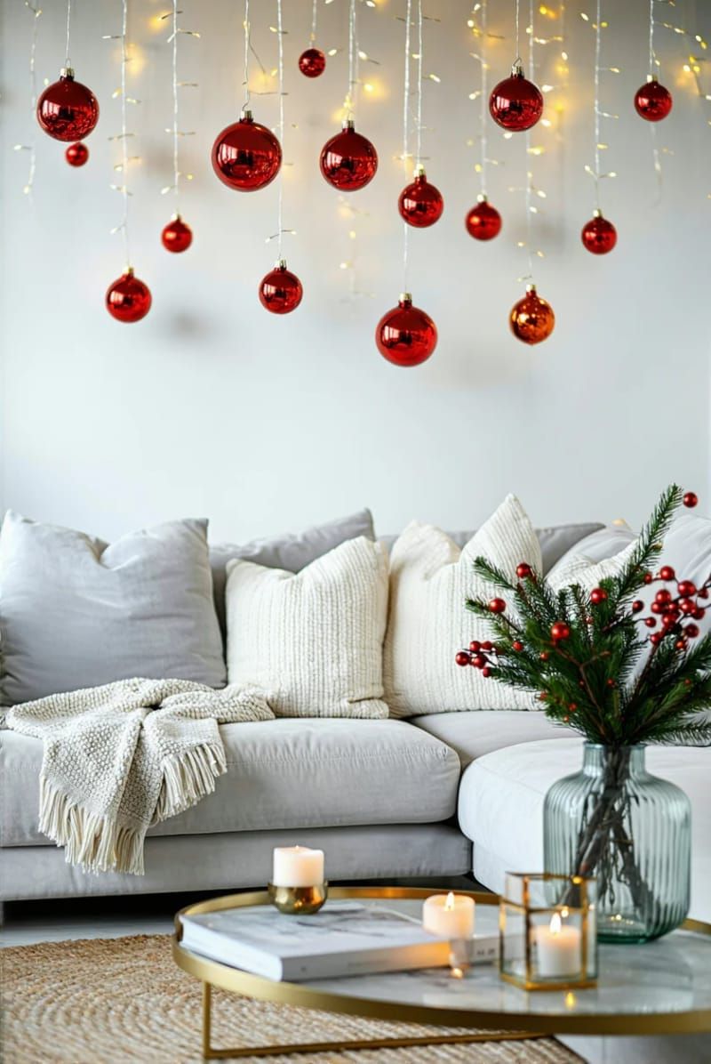 floating bauble display above a sofa using clear string and red ornaments 1