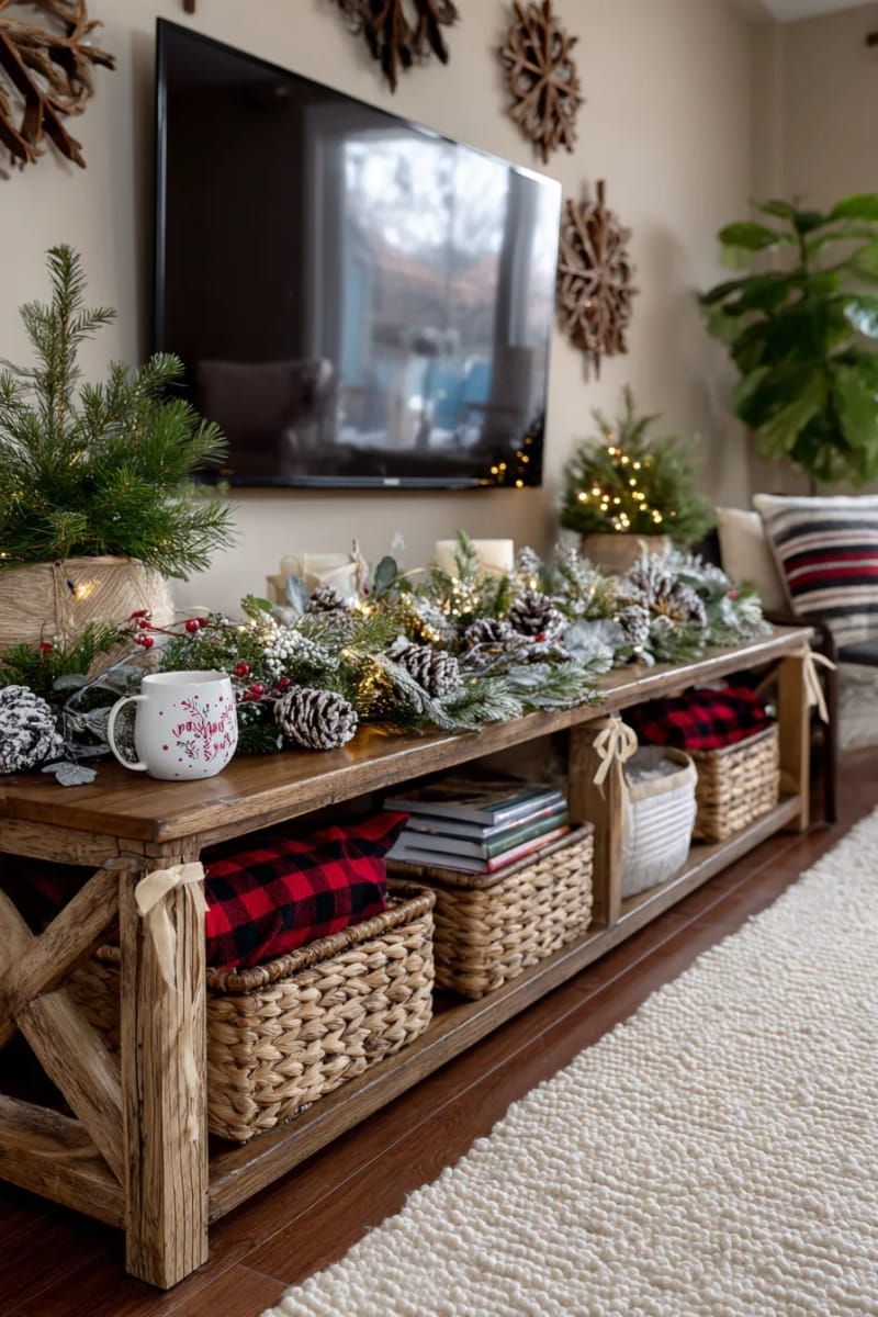 pinecone-and-greenery garland wrapped around the tv stand for rustic charm 1