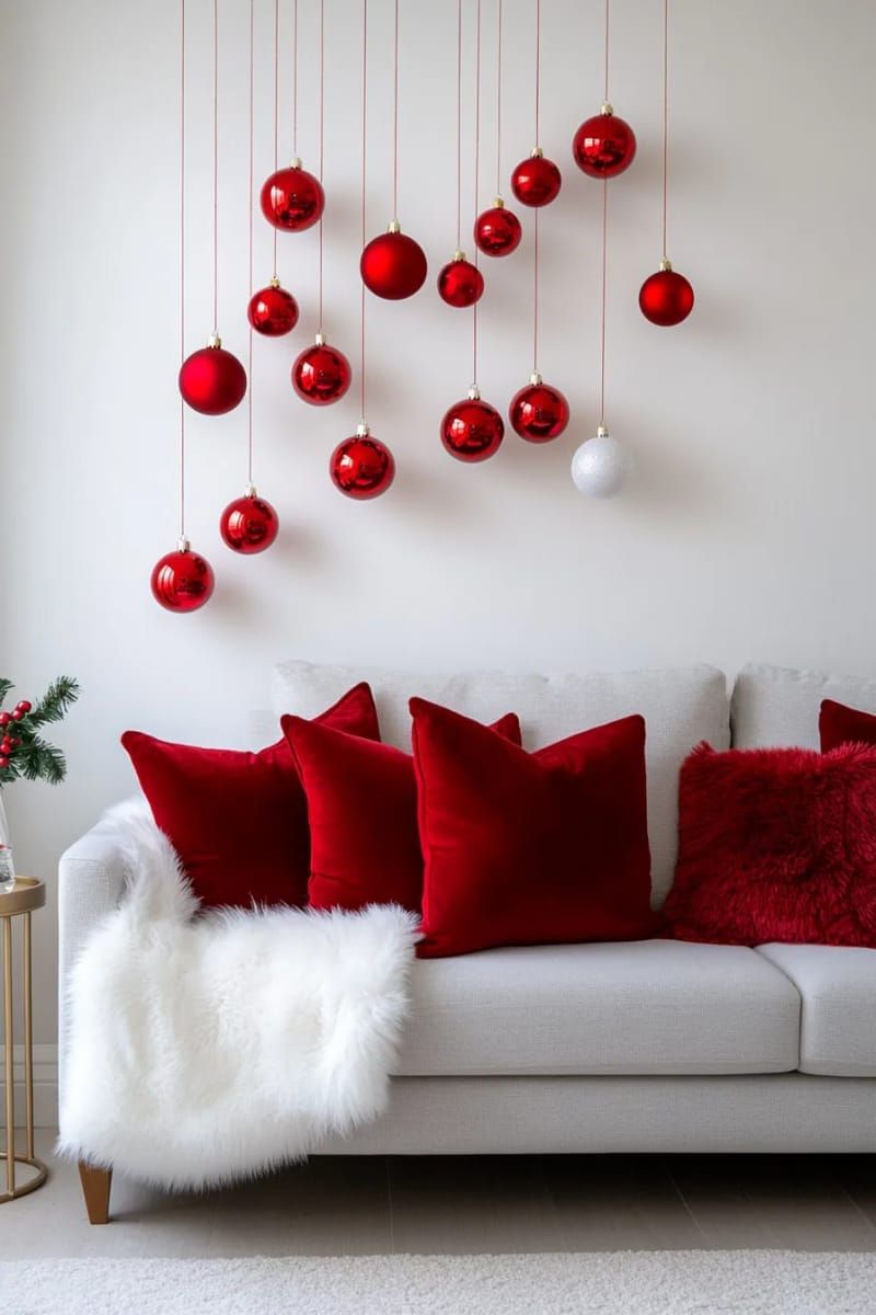 floating bauble display above a sofa using clear string and red ornaments 1