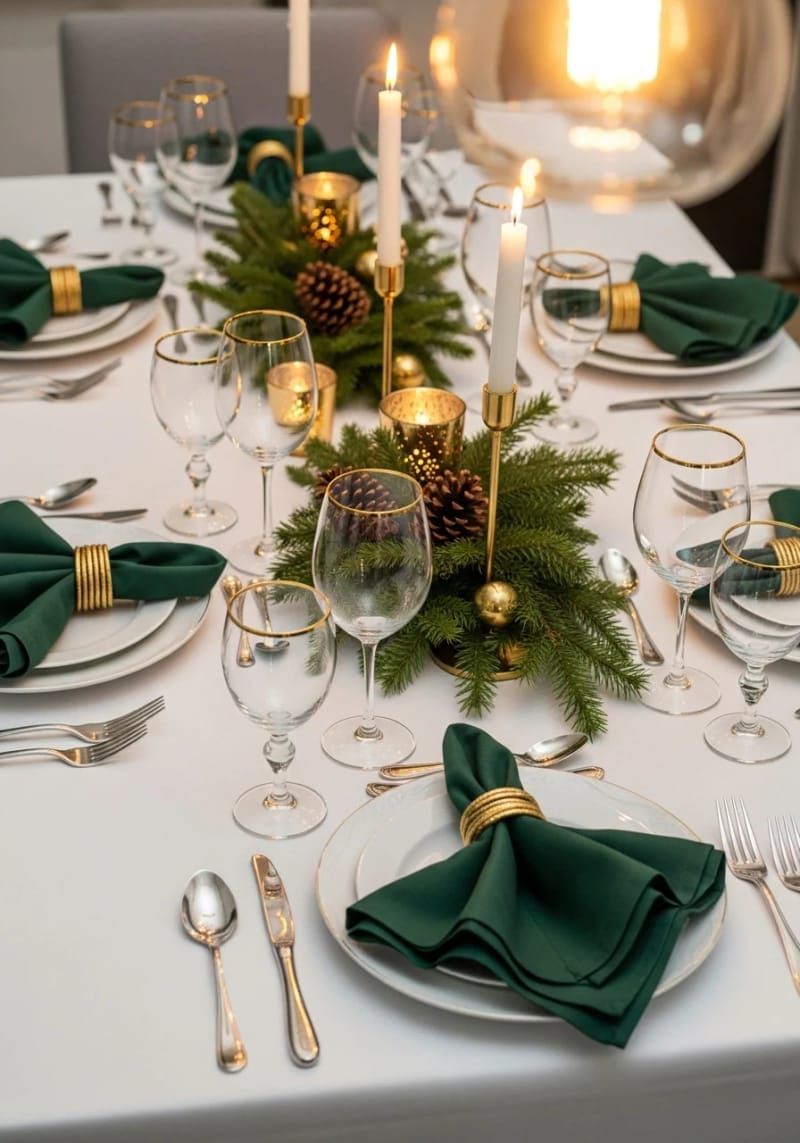 elegant gold-rimmed glassware and forest green napkins on the holiday table 1