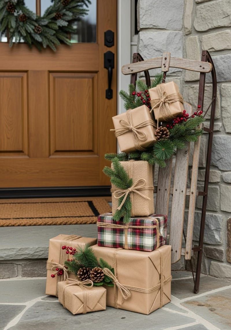 rustic wooden sled propped by the entryway with wrapped faux gifts 1