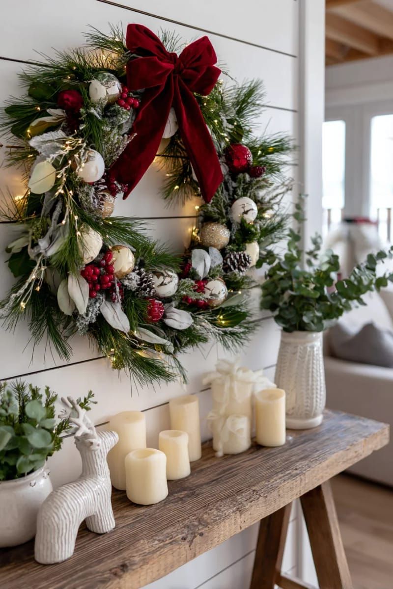 pine branch wreath with miniature ornaments and soft fairy lights 1