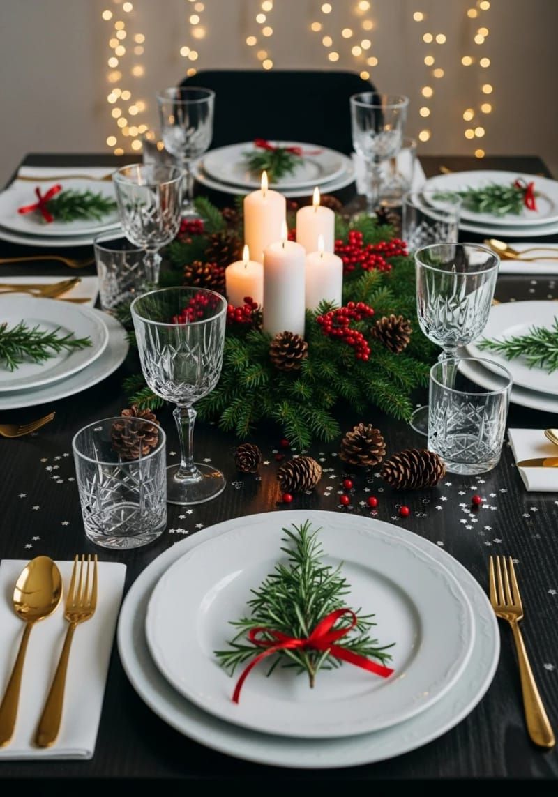 elegant dinner plates topped with mini rosemary christmas tree sprigs 1